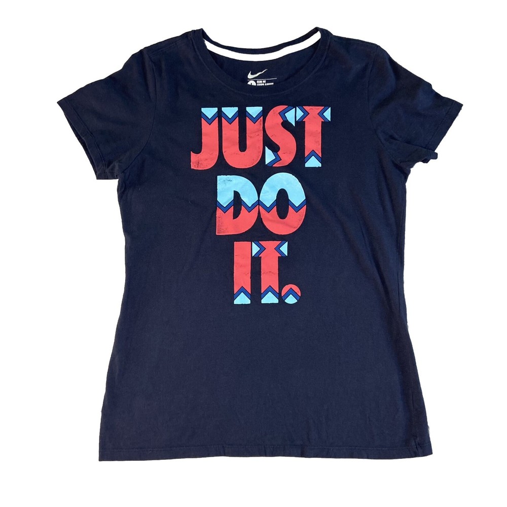 Nike Women's Navy Blue JUST DO IT Graphic T Shirt  Large Slim Fit 100% Cotton